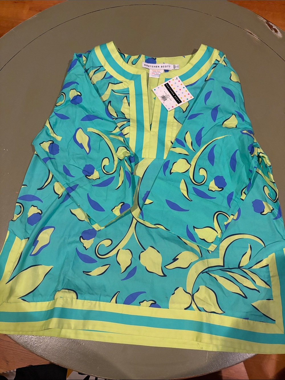 Gretchen Scott Designs Teal Tunic with Yellow & Blue Floral Print